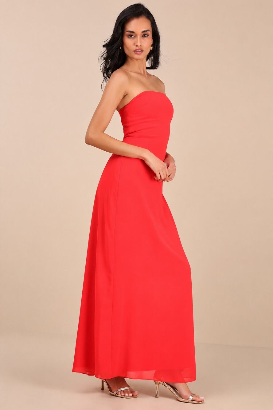 NWOT Lulus Rawya Red Orange Strapless Maxi Dress Holiday Party NYE Formal Size M